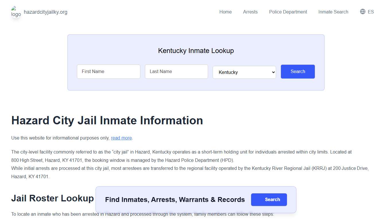 Hazard Jail, KY Inmate Roster, Municipal Jail Info